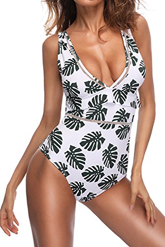 Aitos Femme Maillots de Bain 1 Pièce Sexy Monokini Imprimé Feuille de Dentelle Beachwear Push Up Swimwear Natation Bikini de Pla